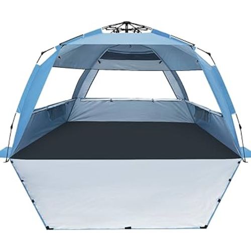 WhiteFang Deluxe Pop Up Beach Tent Sun Shade Shelter for 3-4/5-6 Person, UV Protection, Extendable Floor with 3 Ventilating Windows Plus Carrying Bag, Stakes, and Guy Lines