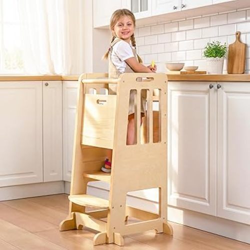 WINGYZ Toddler Tower - Anti-Tip Natural Wood Learning Stool for Kids 18M-6Y, 150lb Capacity Kitchen Helper Stool with 3-Height Adjustable Platform and Sliding Door Access, 20lb Portable Design, Wood