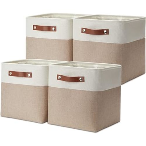 DULLEMELO 11 inch Cube Storage Bins, Large Collapsible Grey Storage Baskets for Square Cubes Organizing, Fabric Boxes Bins for Shelves Nursery Home Office Storage(4 Pack - 11" White&Khaki)