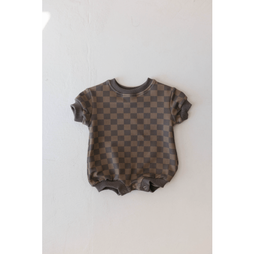 Short Sleeve Romper | Faded Brown Checkerboard