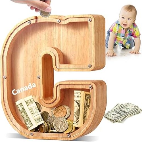 Personalized Large Piggy Kank for Girls Boys, 26 Alphabet Letter Piggy Bank for Kids, Wooden Piggy Bank Toy, Coin Bank Money Box, DIY Name Birthday Room Decoration(C)