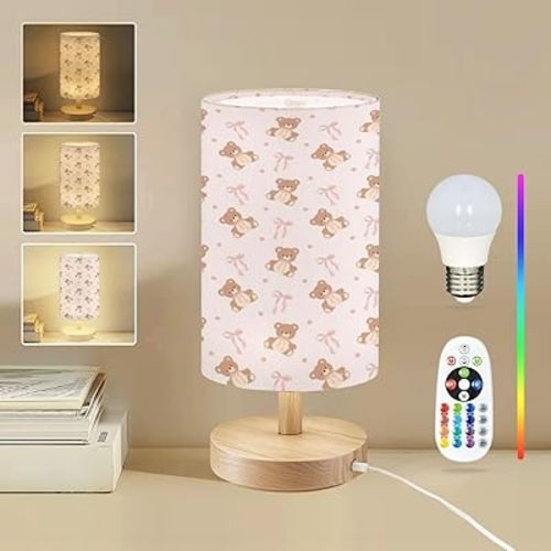 Bedside Table Lamp Coquette Teddy Bear Pink Ribbon Bow Pattern Seamless Light Pink 16-Way Dimmable Small Desk Lamp with Round Flaxen Fabric Shade for Nightstand Bedroom Living Room Home Decor