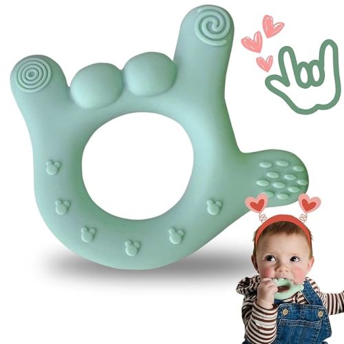 I Love You Silicone Hand Teether by Sawyer Bear Baby Gear, Teethers for Babies 3-6 Months, Soft Teething Toys 6-12 Months bpa Free, Massaging Teething Relief (Light Green)