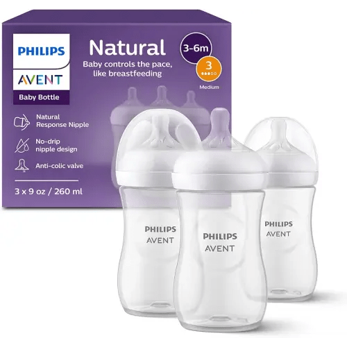 Philips Avent Natural Baby Bottles with Natural Response Nipples (Medium Flow, Flow 3), 9oz, 3-pack, SCY903/03
