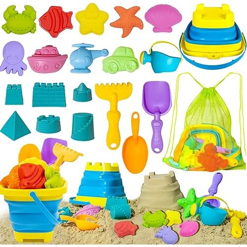Beach Toy Sand Toy Set for Kids Silicone Foldable Sand Bucket with Summer Mesh Bag, Shovel, Rake, Watering Can, Animal and Castle Sand Molds for Children Outdoor Sandbox Toys for Toddlers Age 3-10