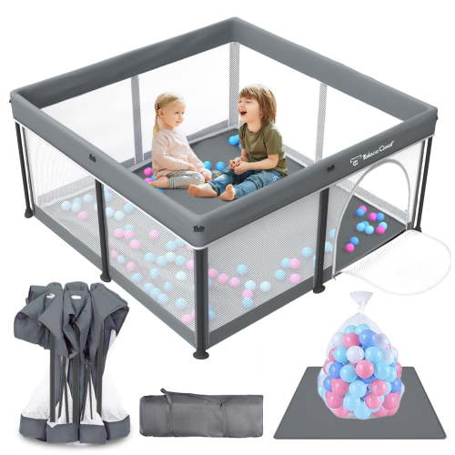 Foldable Baby Playpen with Mat, Collapsible Play Pen for Babies and Toddlers, Indoor & Outdoor Kids Safety Play Pen, Portable Play Yard with 50 Ocean Balls, 50"×50", Gray