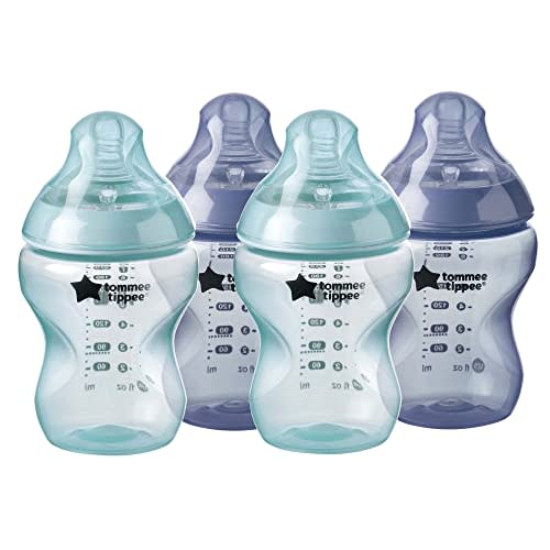 Tommee Tippee Closer to Nature Baby Bottles | Slow Flow Breast-Like Nipple with Anti-Colic Valve (9oz, 4 Count) | Blue & Green