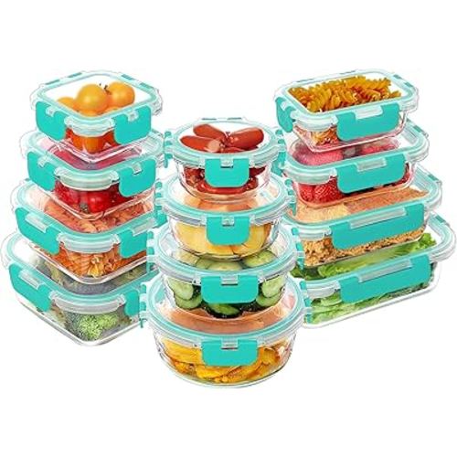 VERONES 24 Pieces Glass Food Storage Containers Set, Airtight Glass Lunch Containers, Glass Meal Prep Containers with Lids,Exclusive of BPA, for Microwave, Oven, Freezer & Dishwasher Friendly,Green