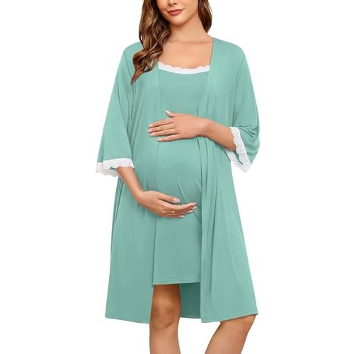 SWOMOG Lace Maternity Nursing Gown and Robe Set Double Layer Labor Delivery Nursing Hospital Nightgowns for Breastfeeding