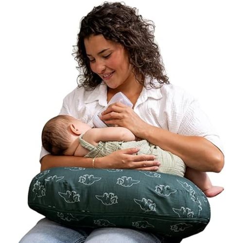 Boppy Nursing Pillow - Firm, Ergonomic U-Shaped Bottle and Breastfeeding Pillow with High Lift for Comfort and Support, Spacious Surface - Forest Green Dinos