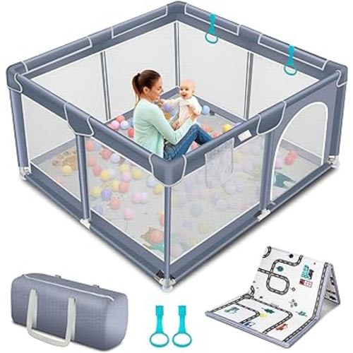 Suposeu Baby Playpen with Mat, Portable Baby Play Yard for Toddler, Safety Baby Gate playpen with Soft Breathable Mesh, Indoor and Outdoor, Large Kids Activity Centery (50 Inch×50 Inch, Grey)