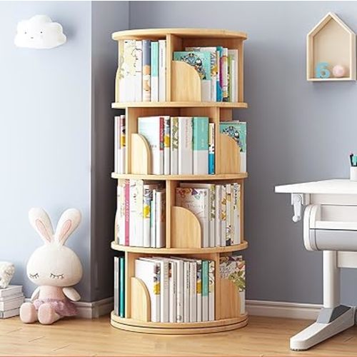 Rotating Bookshelf Tower, 4/5 Tier Circular Bookshelf for Kids&Adults, 18 in Wood 360° Floor Standing Book Storage Rack, Spinning Bookshelf Tower for Classroom Playroom Study Bedroom (Wood color, 1-4)