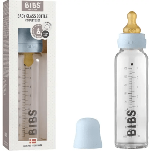 BIBS Baby Glass Bottle. Anti-Colic. Round Natural Rubber Latex Nipple. Supports Natural Breastfeeding, Complete Set - 225 ml, Baby Blue