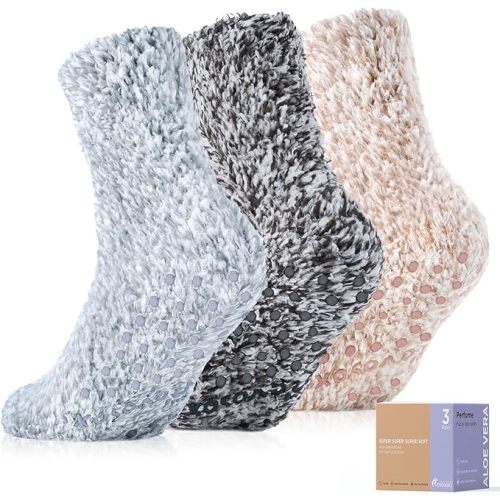 Fuzzy Socks with Grips for Women Men,Non Slip Hospital Crew Socks with Aloe Vera Perfume,Cozy Socks Holiday. - Black+grey+brown