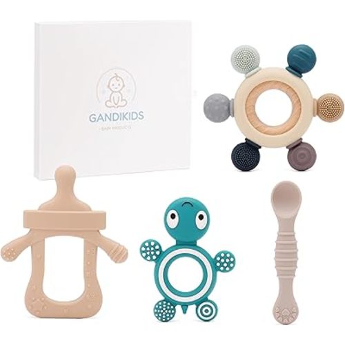 Baby Silicone Teething Ring Teether Gift Set for Boys and Girls Over 3 Months Soothes Gums Fits Small Hands Ergonomic Design Set of 4 Toys Ideal Gift Box BPA Free