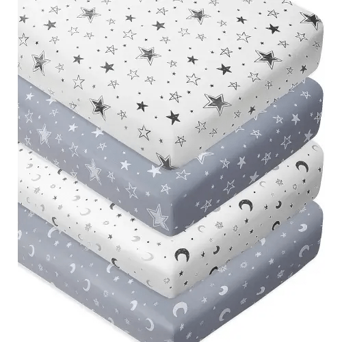 4 Pack Star and Moon Neutral Unisex Fitted Baby Sheets Set for Baby Boys or Girls (Crib Sheets)