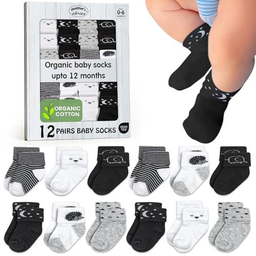 Mother's Choice Organic Cotton Baby Socks Infant 0-6 Months - 12 pairs Soft, Cozy, and Gentle Newborn Socks for Girls & Boys, Perfect Baby Registry for Everyday Wear, and Infant Comfort