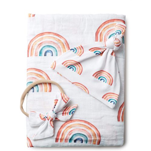 Organic Muslin Baby Swaddle Blanket and Hat Set Newborn Unisex Neutral Boy Girl| Boho Rainbow |Photo Props Birth Announcement Card