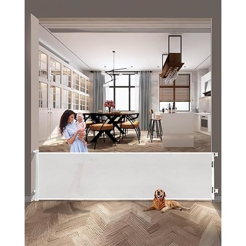 dearlomum 168 Inch Extra Wide Retractable Baby Gate,Mesh Large Baby Gate or Mesh Pet Dog Gate, Opening Wide Extra Long Child Safety Gate for Indoor, Outdoor, Stairs, Deck(White,33"x168")