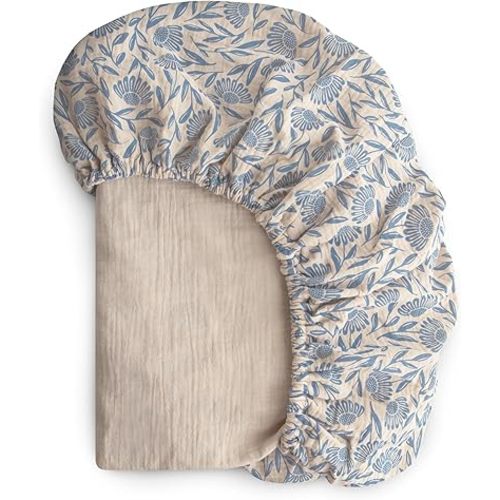 mushie Extra Soft Muslin Fitted Crib Sheet | 192 Thread Count | 28"x 52" (Blue Flowers)