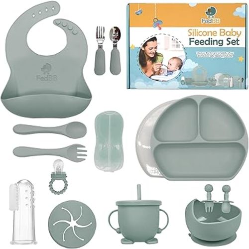 Silicone Baby Feeding Set 14 Pcs -Baby Lid Weaning Supplies Including Divided Plate with Lid, Cup, Adjustable Bib, Toddler Spoons and Forks, Perfect for Self-Feeding with Fruit Feeder (Green)