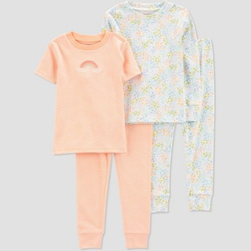 Carter's Just One You®️ Toddler Girls' 4pc Cotton Rainbow and Floral Pajama Set - Green/Coral Orange 18M: Crew Neck
