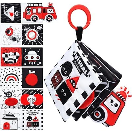 High Contrast Baby Toys, Premium 6-Page Soft Crinkle Cloth Book with Gift Box, Black White Visual Stimulation Sensory Toy for 0-12 Months, Stroller (First Shapes)