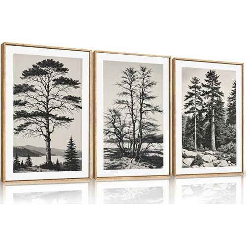 LHIUEM Large Vintage Sketch Tree Framed Wall Art Set,Antique Black and White Wall Decor,Nature Botanical Lake Artwork,Modern Wilderness Forest Art Prints for Living Room,Bedroom- 16"x24"x3