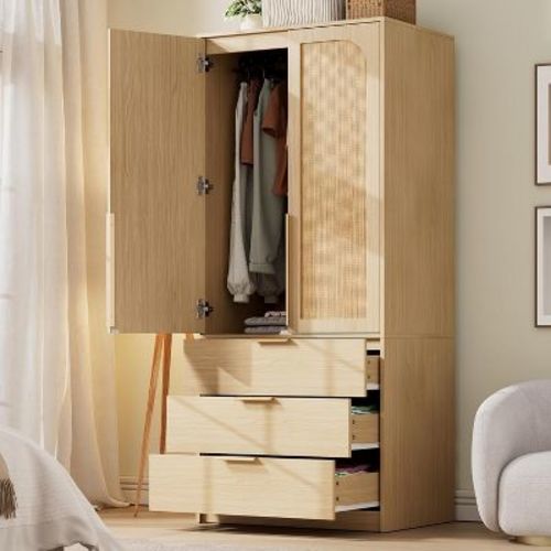 Armoire Wardrobe Closet Wooden Wardrobe Cabinet with 3 Drawers Hanging Rod 2 Doors Clothing Storage Cabinet Large Capacity Storage