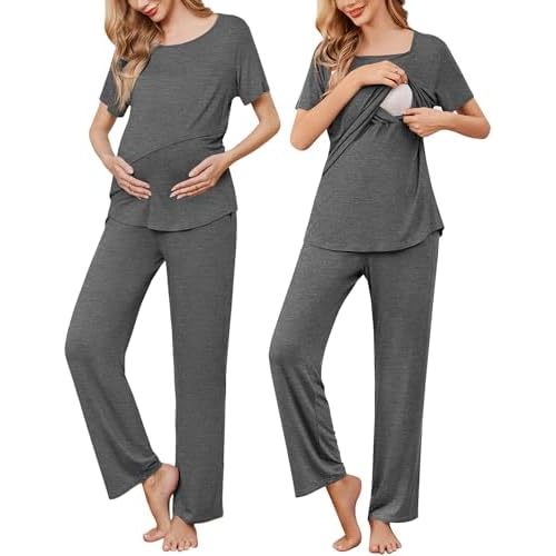 Ekouaer Women's Nursing Pajamas Maternity Pajama Postpartum PJS Breastfeeding Short Sleeve Top & Pants Sets with Pockets