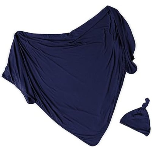 Newborn Swaddle and Hat Set, Stretchy and Comfortable Baby Swaddle Blanket, Use as Receiving Blanket, Toddler Blanket and More, Navy Blue, 47 x 47 inches
