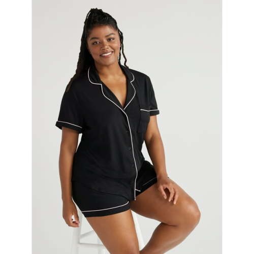 Joyspun Women’s Short Sleeve Notch Collar Top and Shorts Knit Pajama Set, 2-Piece, Sizes S to 3X