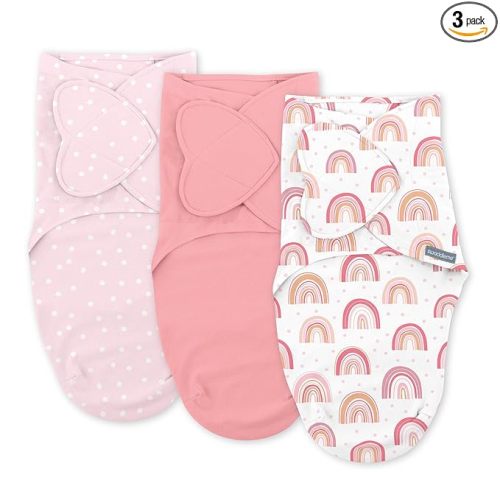 SwaddleMe by Ingenuity Monogram Collection Baby Swaddle, 100% Cotton, Improves Sleep & Calms Startle Reflex, 0-3 Months, Pocket Fold Design for Easy Changes, 1.0 TOG, 3-Pack - Rainbow
