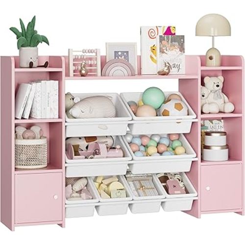 FOTOSOK 55''Large Toy Storage Organizer with 8 Toy Bins, Toy Organizers and Storage with Shelf and 6 Storage Cubbies, Bookshelf for Kids, Playroom Organization and Storage Bins, Pink