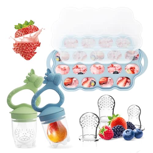 Baby Fruit Food Feeder Breastmilk Popsicle Molds for Teething Relief, Introduce New Foods, Silicone Freezer Tray with Lid, Includes 6 Food Pacifiers (Blue & Cyan)