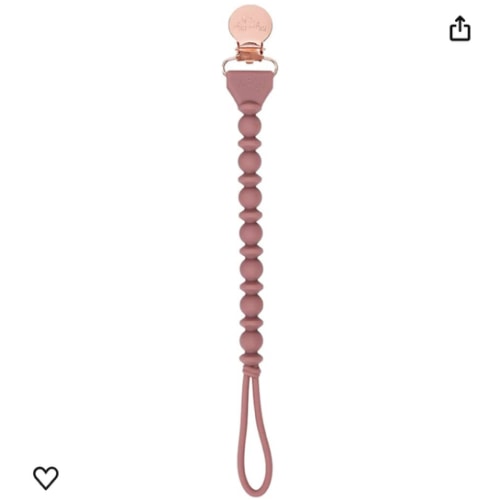 Itzy Ritzy Silicone Pacifier Clip; 100% Silicone Pacifier Strap with Clip Keeps Pacifiers, Teethers & Small Toys in Place; Features One-Piece Beaded Design & Silicone Cord, Rosewood + Rose Gold Clip