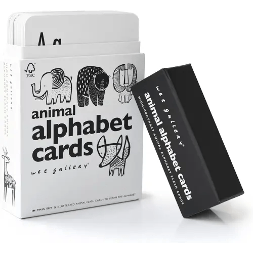 Wee Gallery Educational Flashcards for Babies, Black and White Animal Alphabet Learning Cards, Double Sided, Ideal for Visual Stimulation, Cognitive Development in Babies and Toddlers