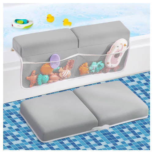 Bath Kneeler and Elbow Rest Pad Set, Thick Soft Quick Dry Bathtub Mat for Baby Bathing Time, Memory Foam With Toys Organizer, Gifts for Parents, Grey