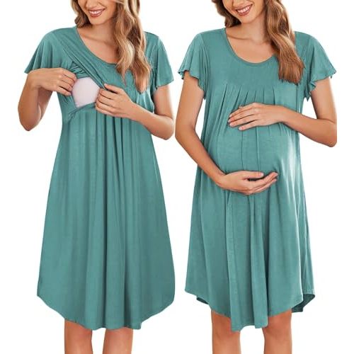 Ekouaer Nursing Nightown Labor and Delivery Gown for Hospital Pleated Breastfeeding Dress Short Sleeve Maternity Sleepwear