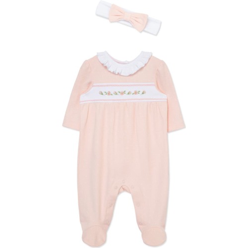 Baby Dainty Flowers Cotton Footie & Headband Set, Newborn, Pink