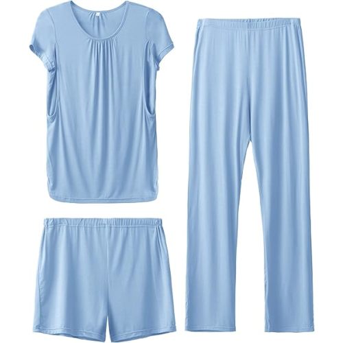SUNNYBUY Womens Maternity Nursing Pajamas Set, Short Sleeve Breastfeeding Shirts,Pregnancy Shorts & Pants 3 Piece Nursing PJS