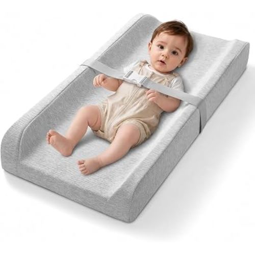 Baby Changing Pad – Removable & Machine Washable Cover, Double Waterproof Contoured Diaper Changing Pad with Non-Slip Bottom & Safety Harness for Dresser and Table (31.5" x 15.8")