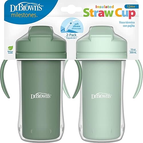 Dr. Brown's Milestones Insulated Sippy Cup with Straw and Handles, Spill-Proof Tumbler with Lid, 2-Pack, Green, 10 oz/300 mL, BPA Free, 12m+