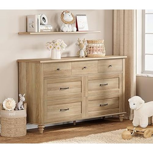 WAMPAT Wide Kids Dresser for Bedroom with 7 Drawers, Baby Dresser for Nursery & Kids Room, Light Wood Chests & Dressers, Farmhouse Dresser Closet Organizer for Children’s Bedroom, Oak, 54 Inch