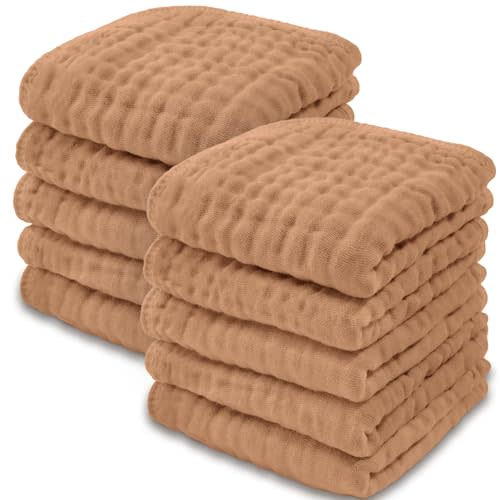 Comfy Cubs Muslin Baby Washcloths 10 Pack - Soft 6-Layer Cotton Wash Cloths for Sensitive Skin - 10"x10" Large, Gentle, Absorbent Infant Essentials for Newborn and Toddlers - (Caramel)