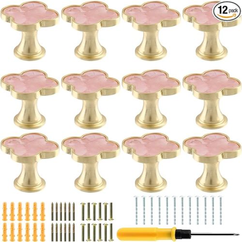 12 Pack Clover Cabinet Knobs Zinc Alloy Single Hole Pulls,Four-Leaf Clover Drawer Handles for Dresser,Wardrobe,Vanity(12pcs,Pink)