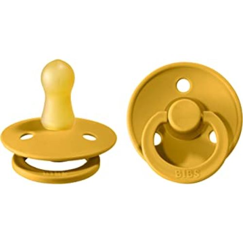 BIBS Pacifiers | Natural Rubber Baby Pacifier | Set of 2 BPA-Free Soothers | Made in Denmark | Mustard | Size 0-6 Months