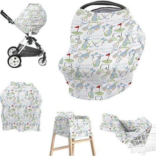 Baby Boys 5-in-1 Car Seat Covers Blue Gingham Golfing, Cute Golf Daddy's Little Caddy Multi-use Privacy Nursing Breastfeeding Cover, Carseat Canopy Carrier Newborn Infant Shower Gift
