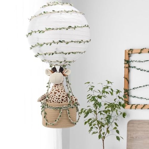 Vine Hot Air Balloon Nursery Lamp Shade 12" Handmade Boho Jungle Decorative Shade with 9.84'' Safari Plush giraffe, Woven Basket & Artificial Foliage Ceiling Hanging Decor for Baby Room Playroom