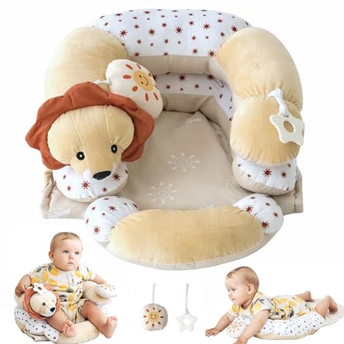 Aila+Aiden 2-in-1 Tummy Time Mat and Seated Support with Sensory Toys – for Newborns and Babies – Includes Detachable Cushion for Supervised Play & Head/Neck Development (Sand)